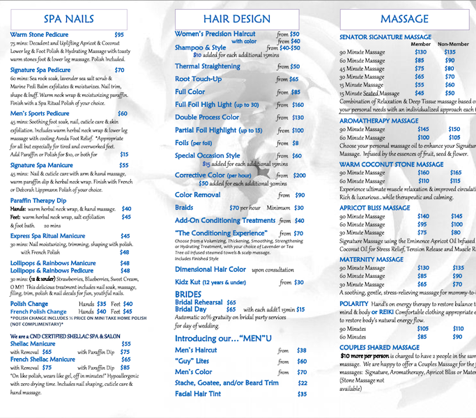 Spa Menu Cover Senator Inn & Spa