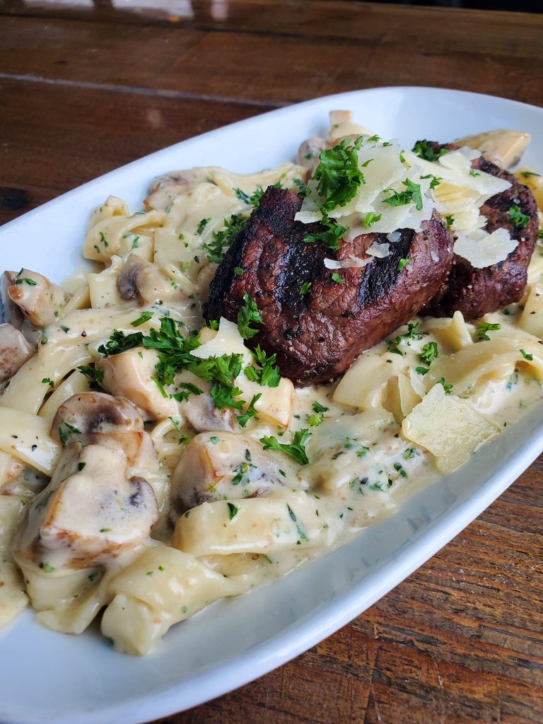 Steak and pasta dish