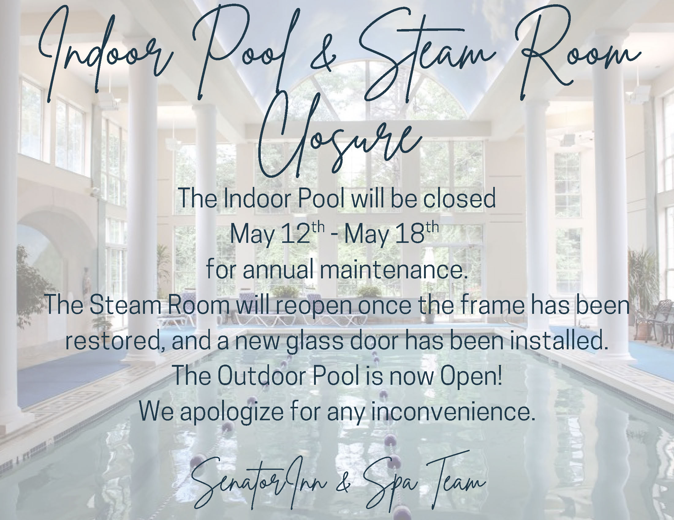 indoor pool closure sign senator inn