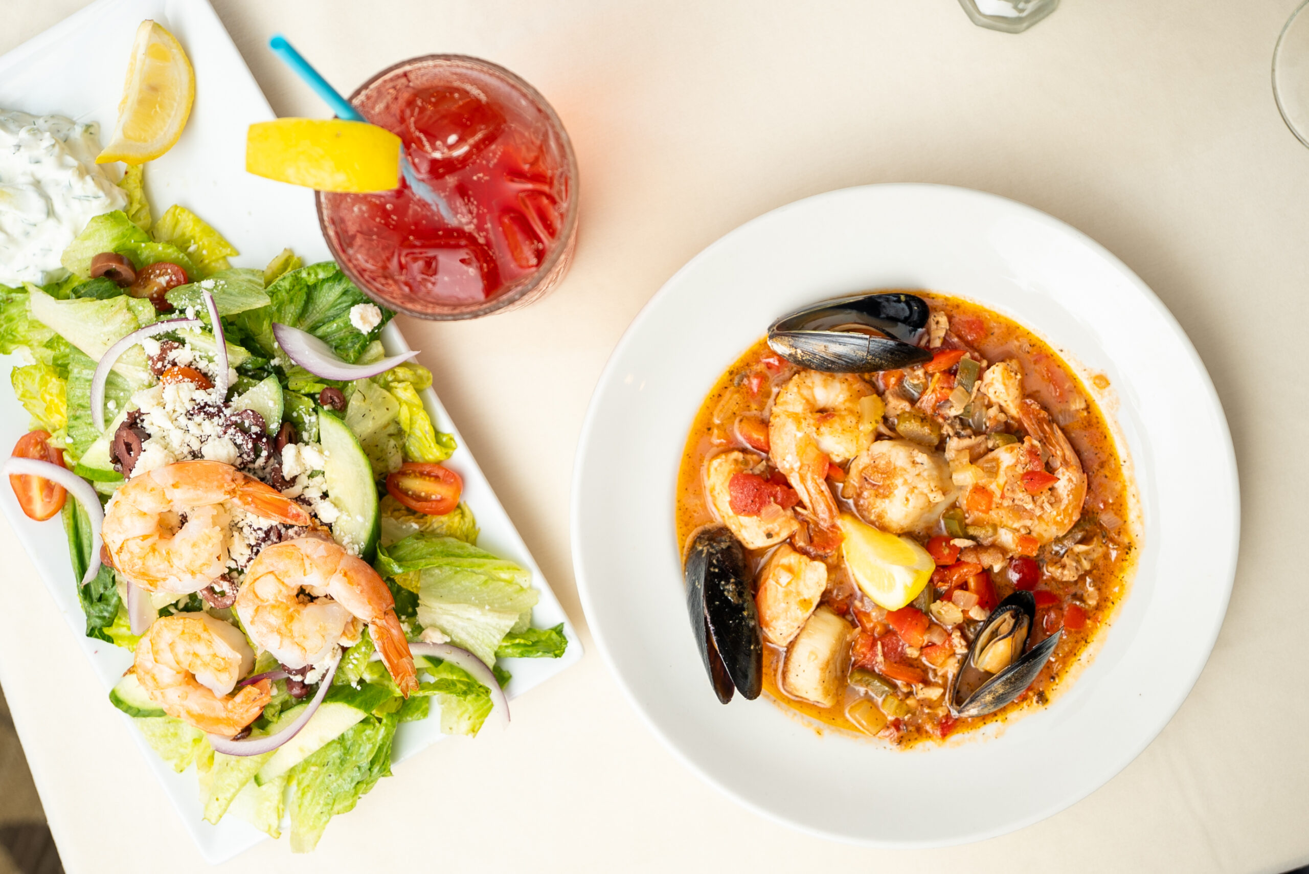 Greek Salad with Shrimp and Sicilian Seafood Stew